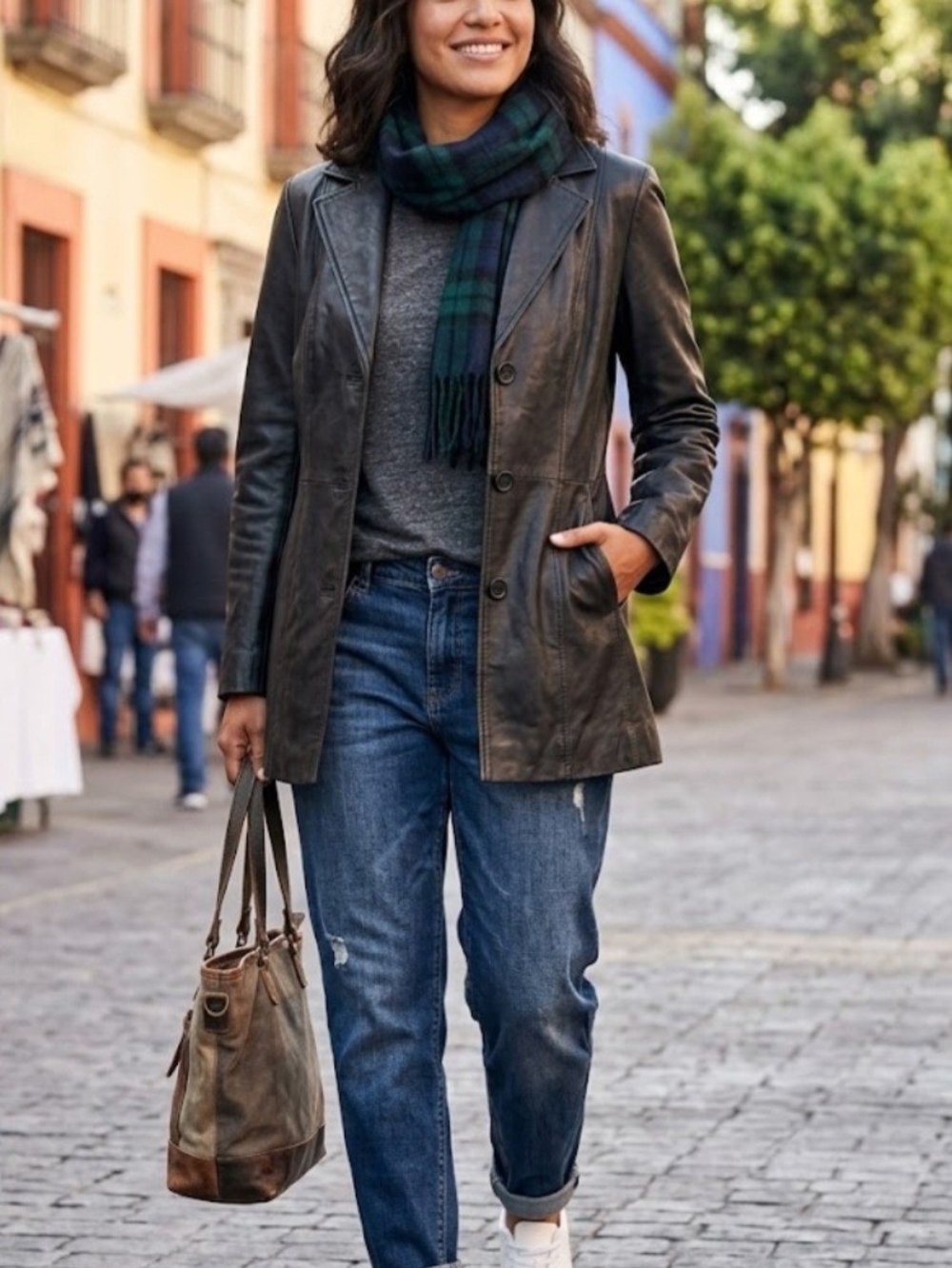 Women's Black Leather Button-Blazer Jacket